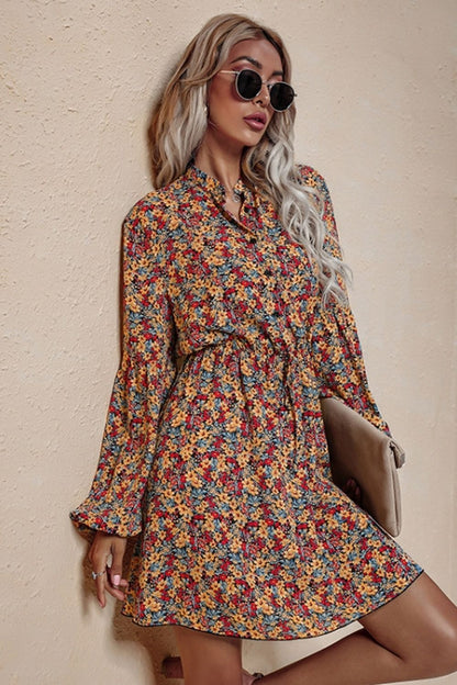 Creamtopmall V-Neck High Waist Floral Chiffon Dress