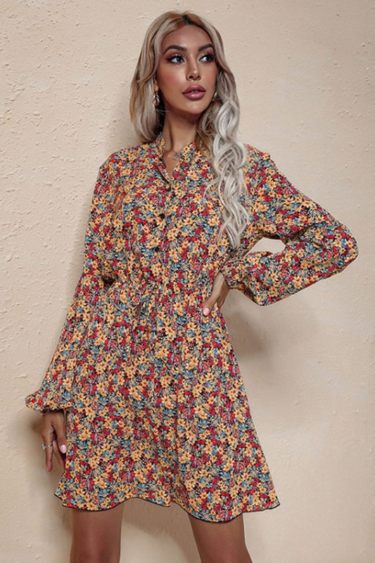 Creamtopmall V-Neck High Waist Floral Chiffon Dress