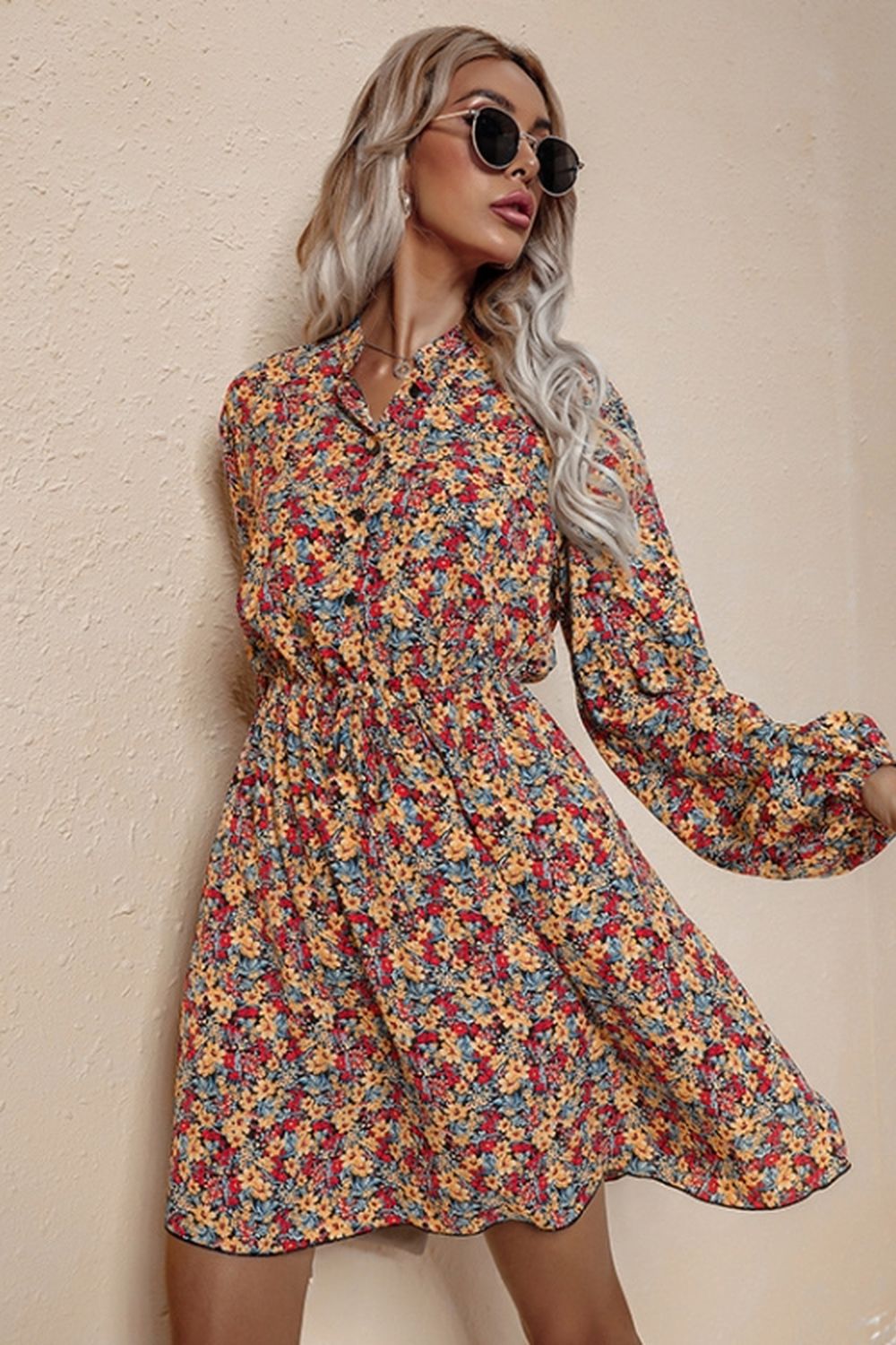 Creamtopmall V-Neck High Waist Floral Chiffon Dress