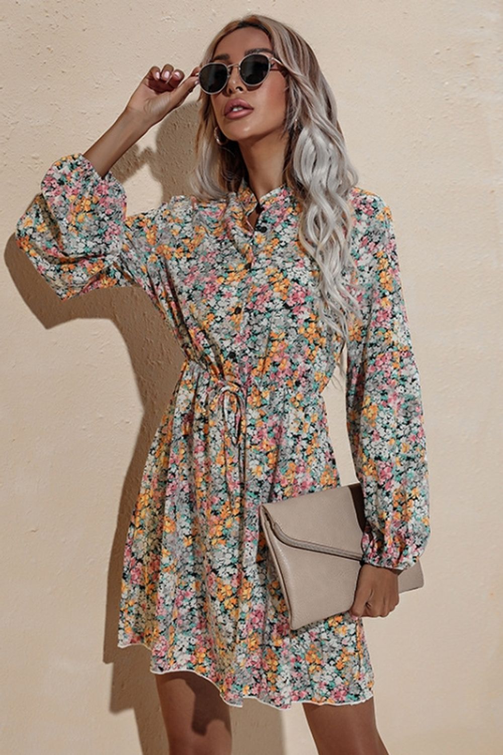 Creamtopmall V-Neck High Waist Floral Chiffon Dress