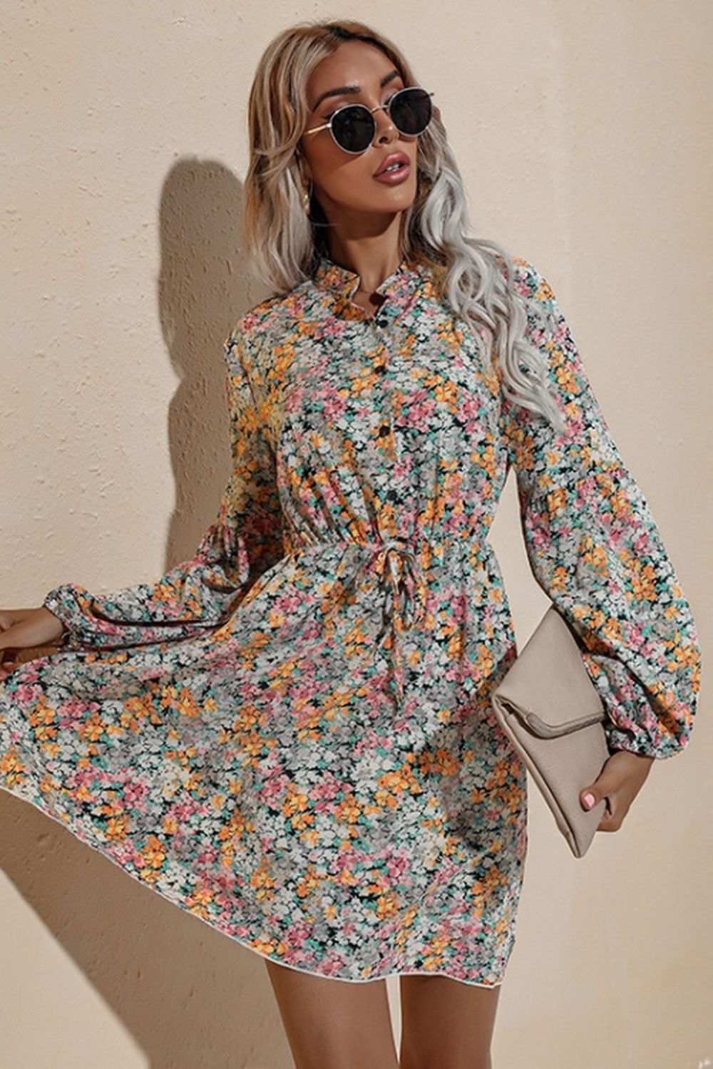 Creamtopmall V-Neck High Waist Floral Chiffon Dress