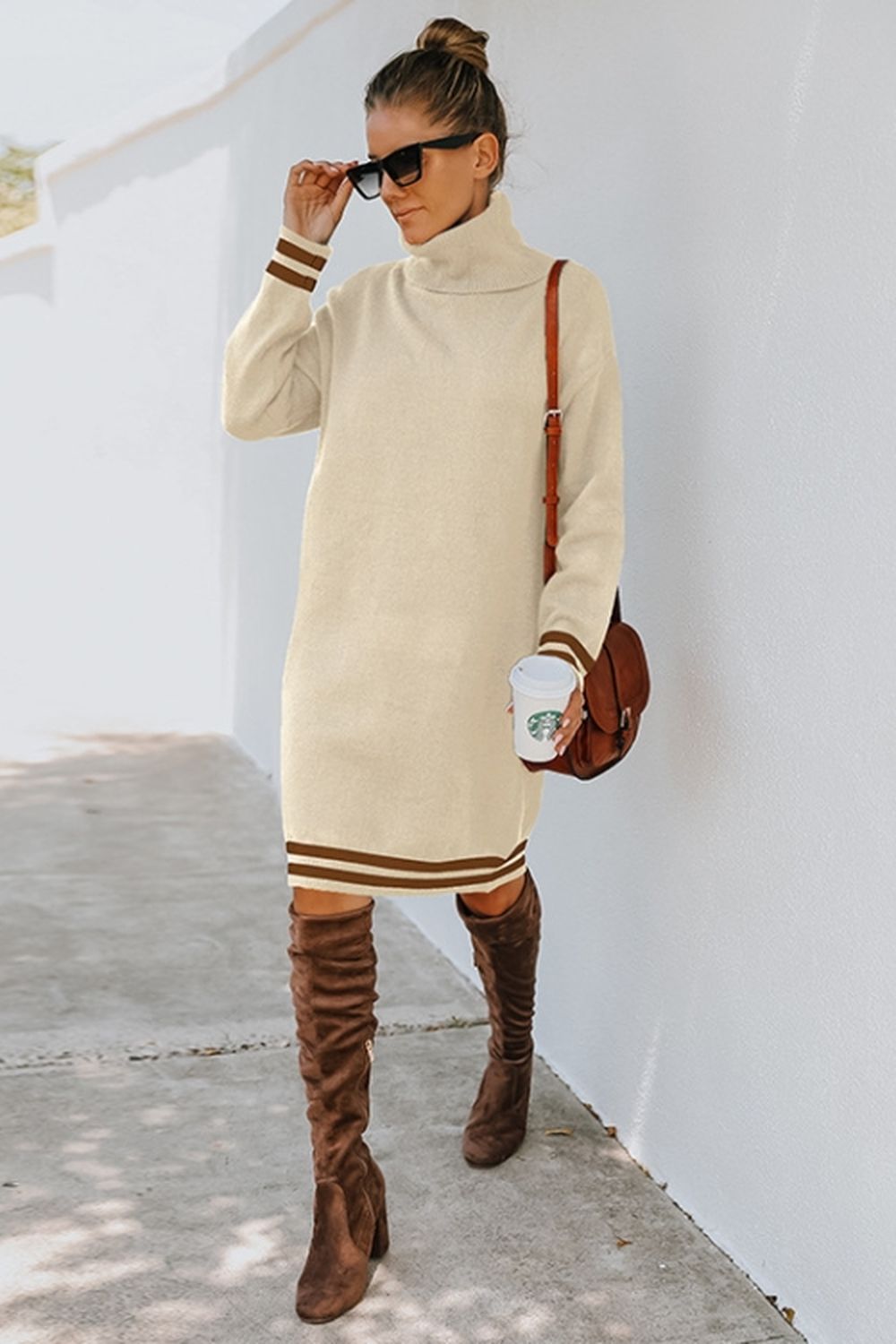 Creamtopmall High Neck Long Sleeve Knitted Dress