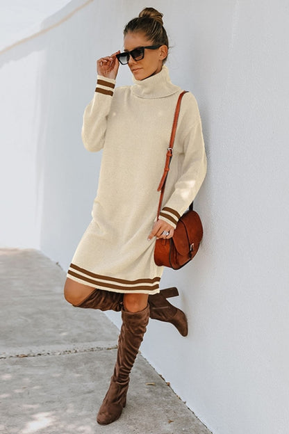 Creamtopmall High Neck Long Sleeve Knitted Dress