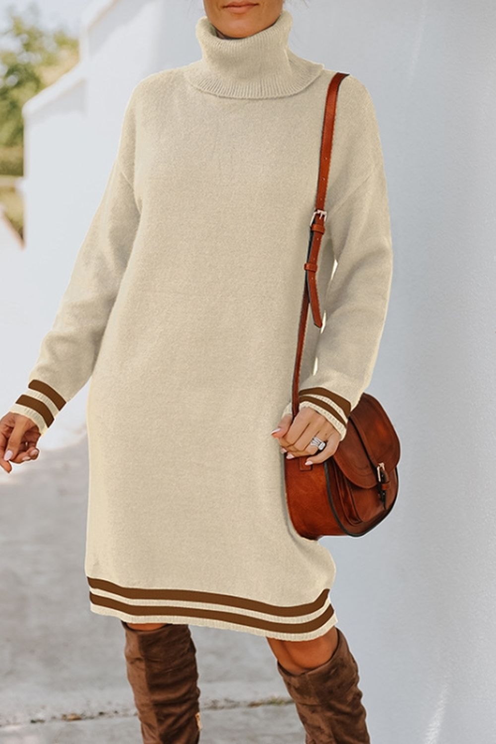 Creamtopmall High Neck Long Sleeve Knitted Dress