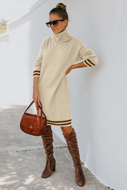 Creamtopmall High Neck Long Sleeve Knitted Dress