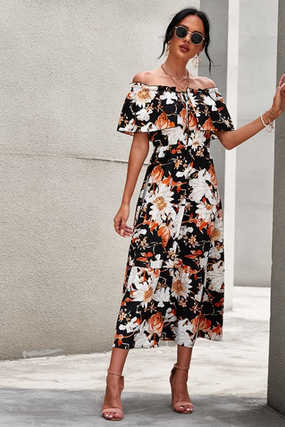 Creamtopmall Off-Shoulder Floral Print Dress