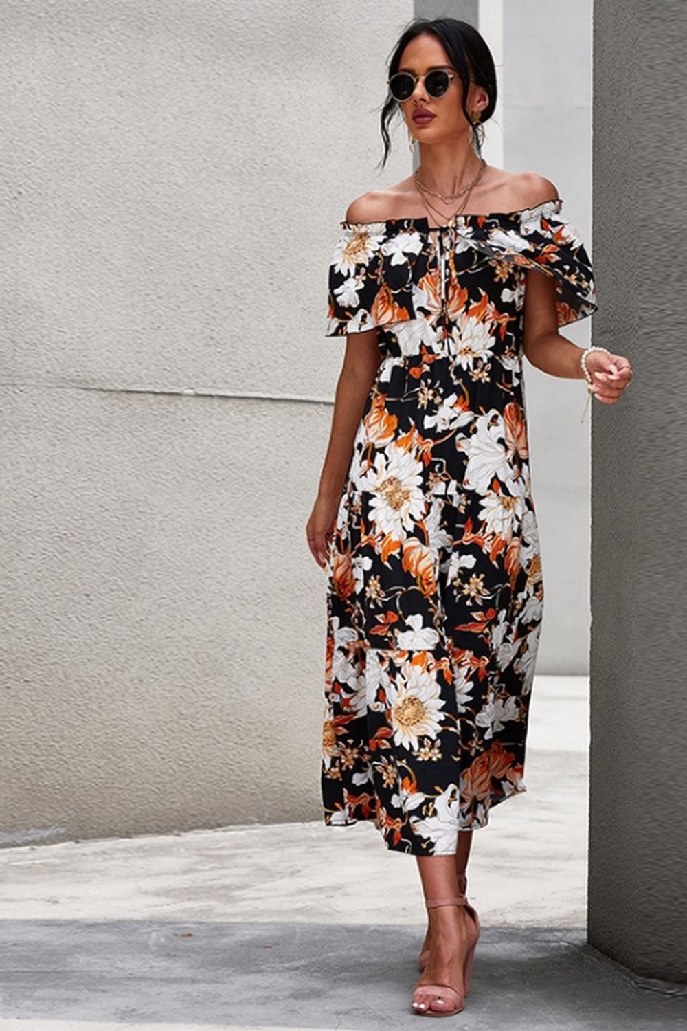 Creamtopmall Off-Shoulder Floral Print Dress