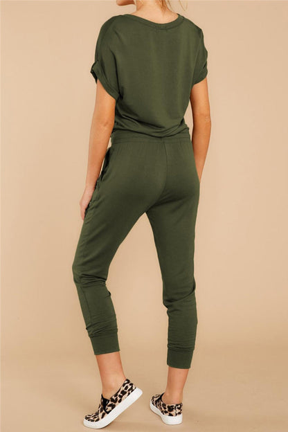 creamtopmall Deep V Solid Color Casual Jumpsuit