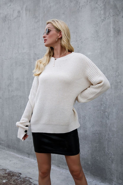 Creamtopmall Solid Color Button-Sleeved Sweater