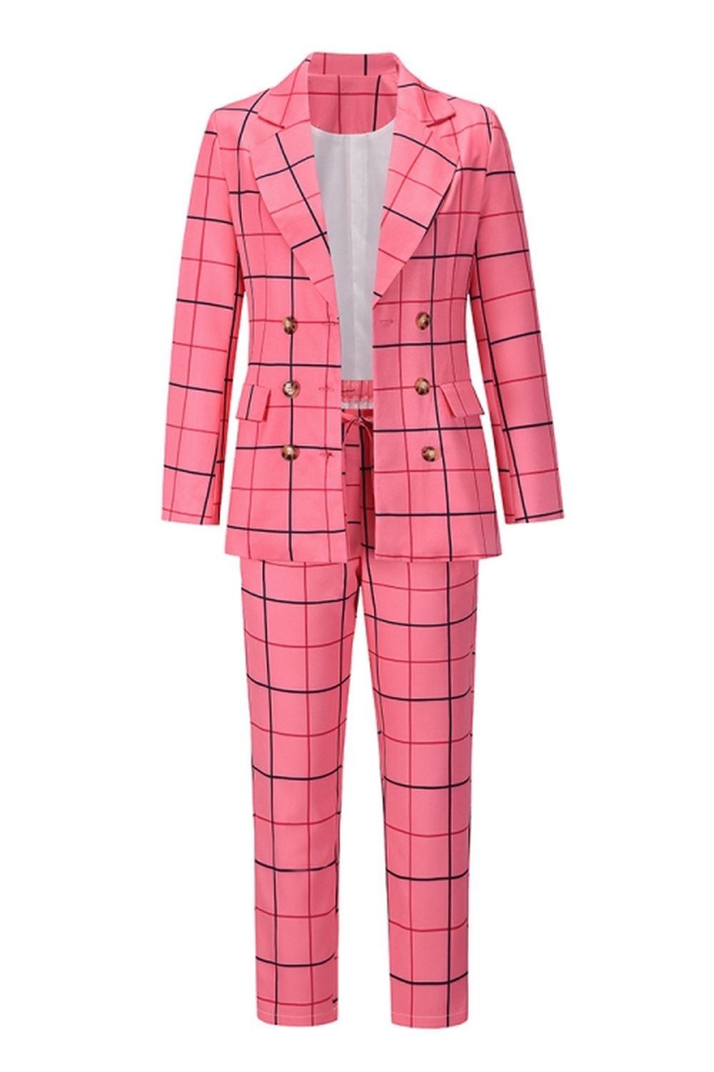 Creamtopmall Double-Breasted Plaid Blazer Pants Suit