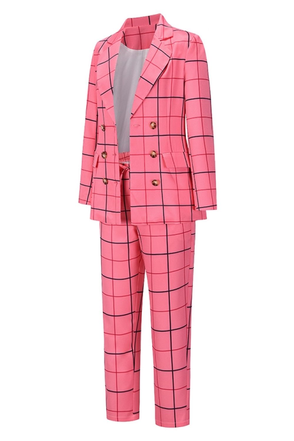 Creamtopmall Double-Breasted Plaid Blazer Pants Suit