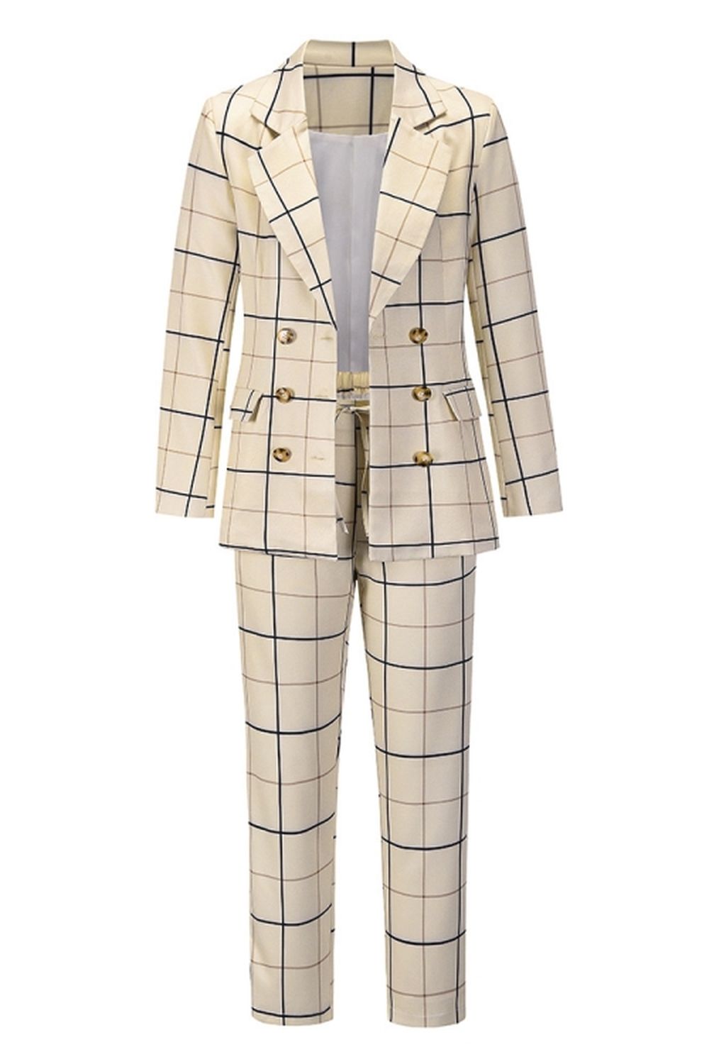 Creamtopmall Double-Breasted Plaid Blazer Pants Suit