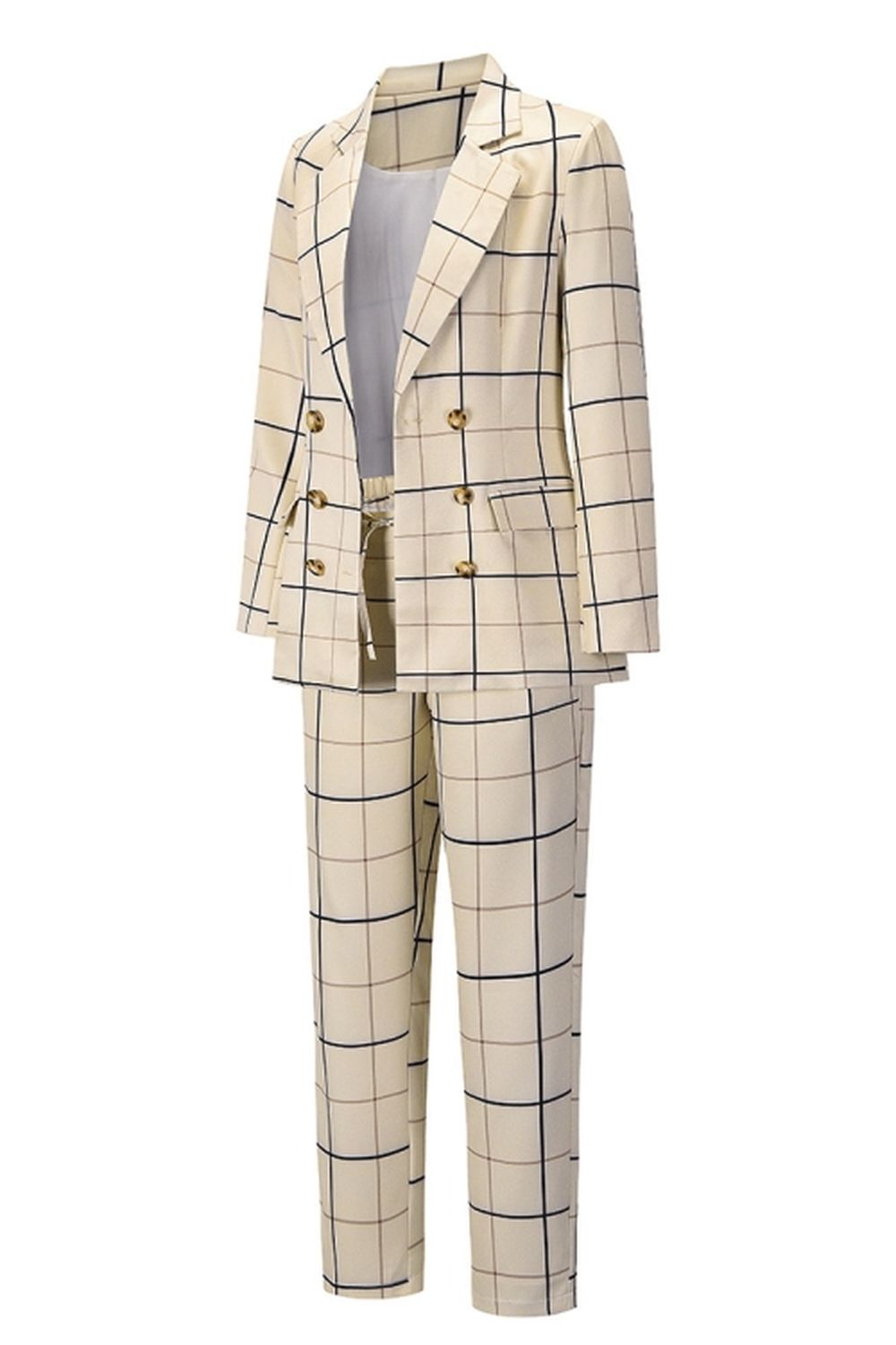 Creamtopmall Double-Breasted Plaid Blazer Pants Suit