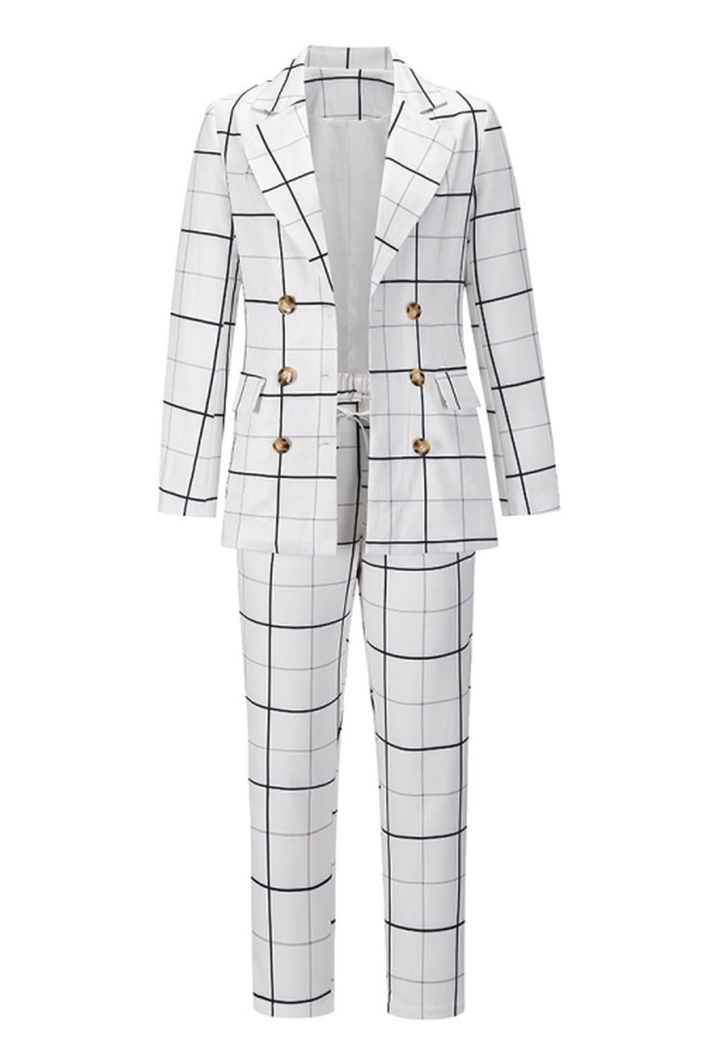 Creamtopmall Double-Breasted Plaid Blazer Pants Suit