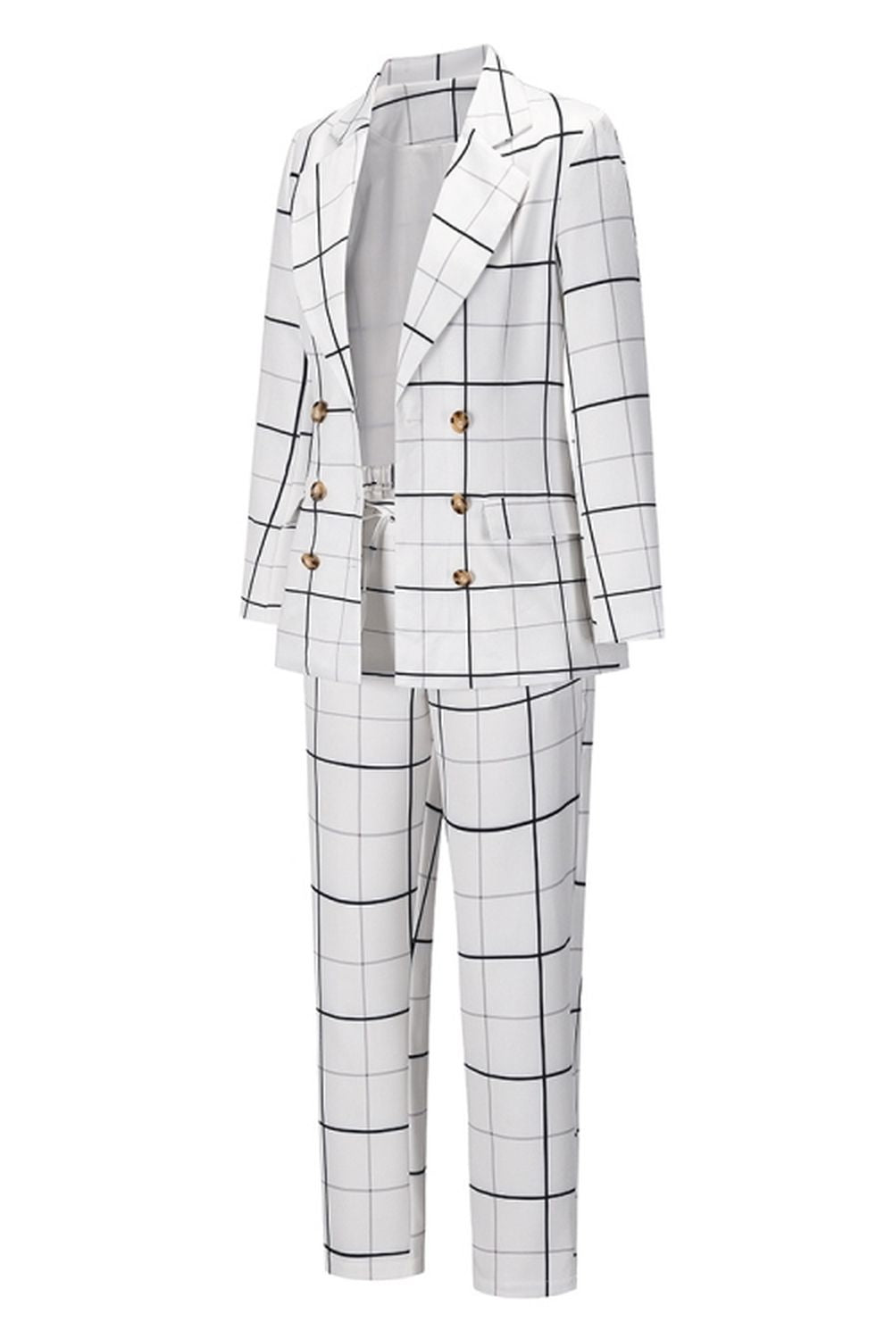 Creamtopmall Double-Breasted Plaid Blazer Pants Suit