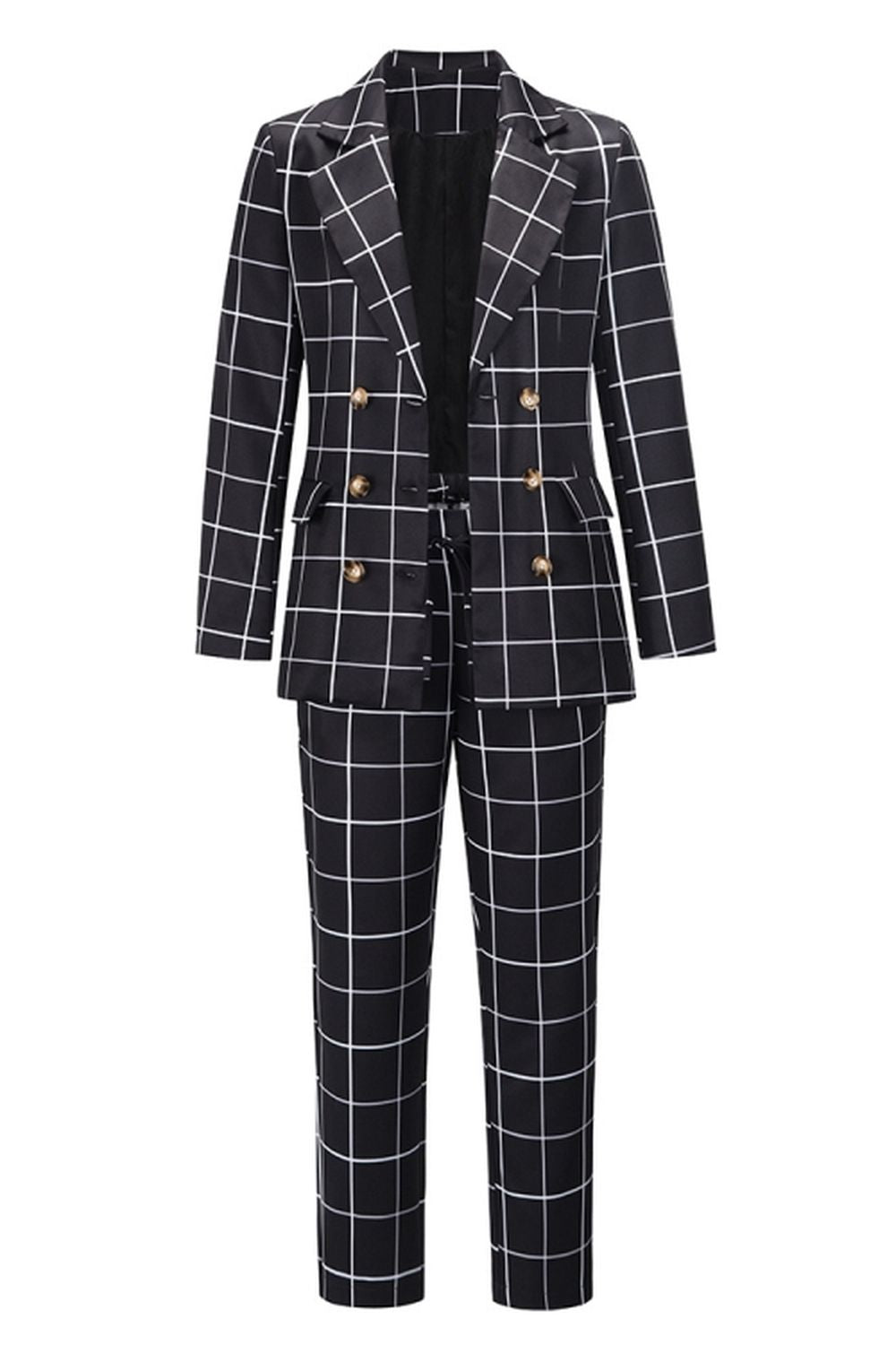 Creamtopmall Double-Breasted Plaid Blazer Pants Suit