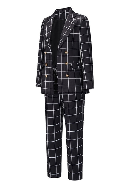 Creamtopmall Double-Breasted Plaid Blazer Pants Suit