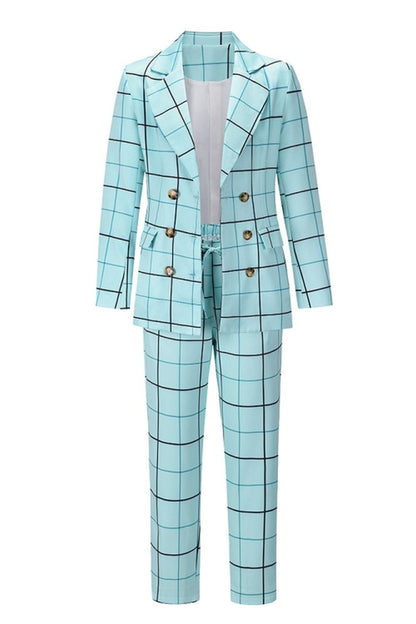 Creamtopmall Double-Breasted Plaid Blazer Pants Suit