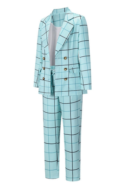 Creamtopmall Double-Breasted Plaid Blazer Pants Suit