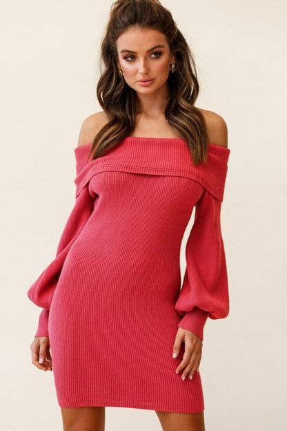 Creamtopmall Off-The-Shoulder Lantern Sleeve Sheath Knit Dress