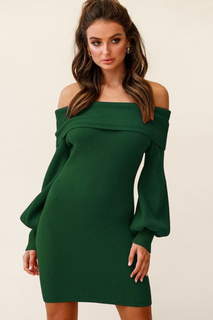 Creamtopmall Off-The-Shoulder Lantern Sleeve Sheath Knit Dress