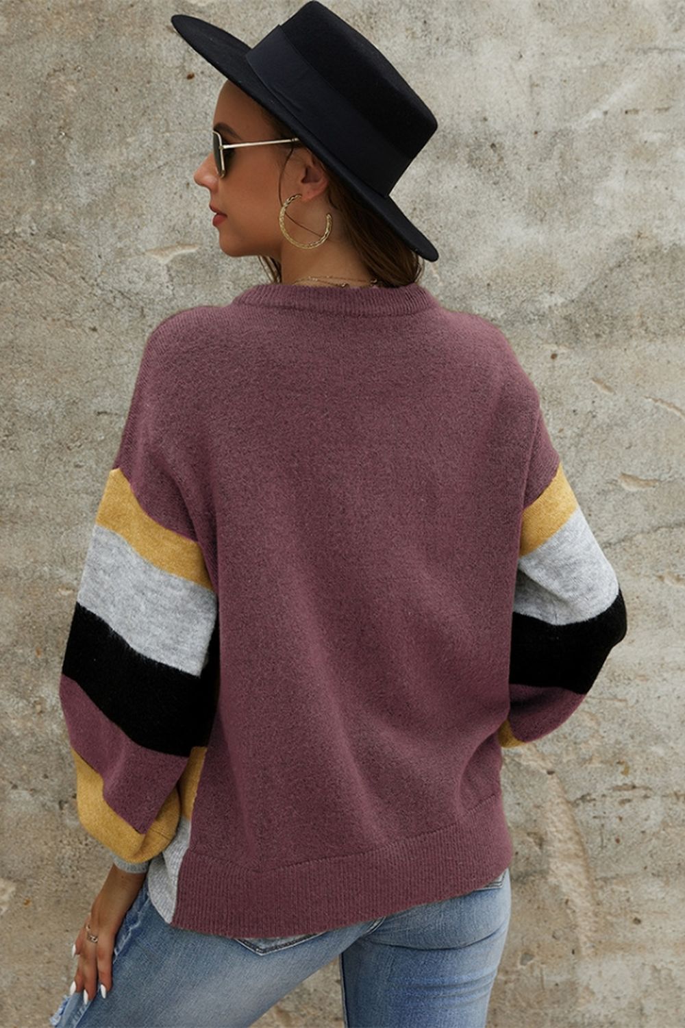 Creamtopmall Long Sleeve Patchwork Contrast Sweater