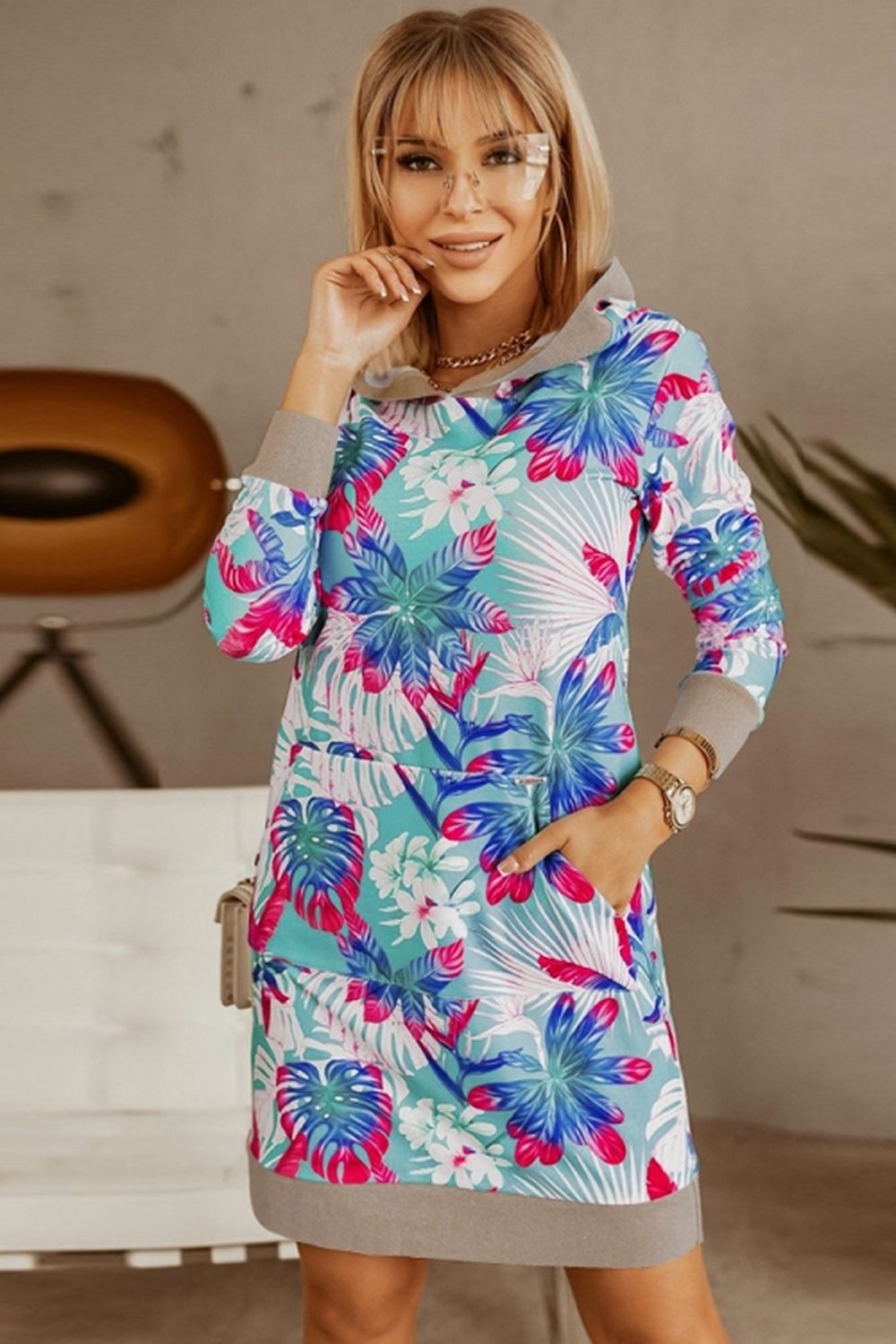 Creamtopmall Loose Hooded Print Contrast Dress