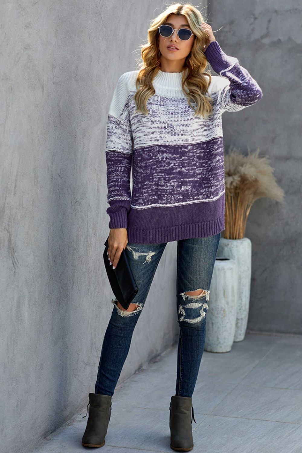 Creamtopmall Contrast Round Neck Pullover