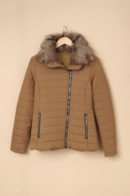 Creamtopmall Faux Fur Collar Zipper Two-Pocket Jacket