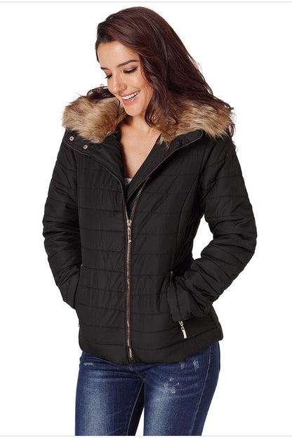 Creamtopmall Faux Fur Collar Zipper Two-Pocket Jacket