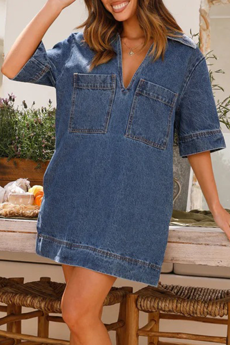 Creamtopmall Casual Simplicity Solid Pocket V Neck Short Sleeve Loose Denim Dresses