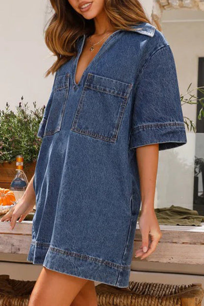 Creamtopmall Casual Simplicity Solid Pocket V Neck Short Sleeve Loose Denim Dresses