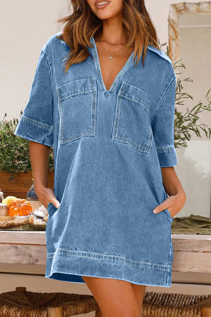 Creamtopmall Casual Simplicity Solid Pocket V Neck Short Sleeve Loose Denim Dresses