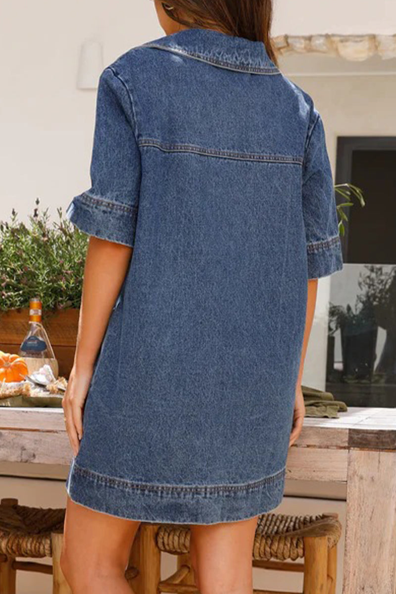 Creamtopmall Casual Simplicity Solid Pocket V Neck Short Sleeve Loose Denim Dresses