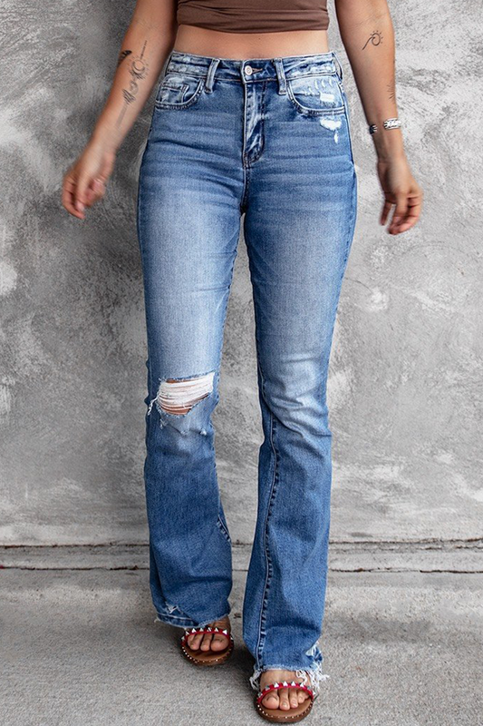 Creamtopmall Casual Vintage Solid Ripped High Waist Regular Denim Jeans