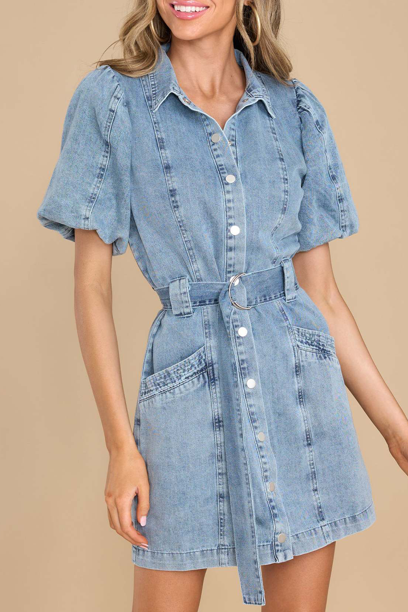 Creamtopmall Casual Solid Pocket Turndown Collar Long Sleeve Denim Dresses