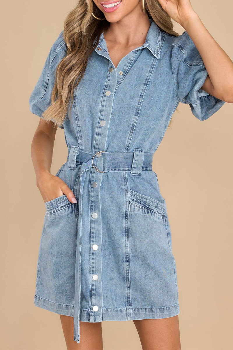 Creamtopmall Casual Solid Pocket Turndown Collar Long Sleeve Denim Dresses