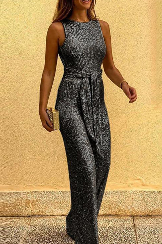 Creamtopmall British Style Elegant Solid Sequins Backless O Neck Jumpsuits