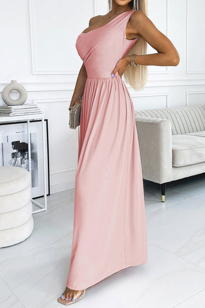 Creamtopmall Casual Solid Backless Slit Oblique Collar Long Dress Dresses