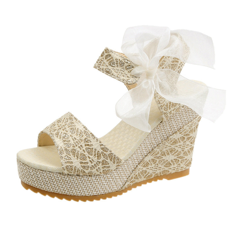 Creamtopmall Lace Bow Wedges Sandals