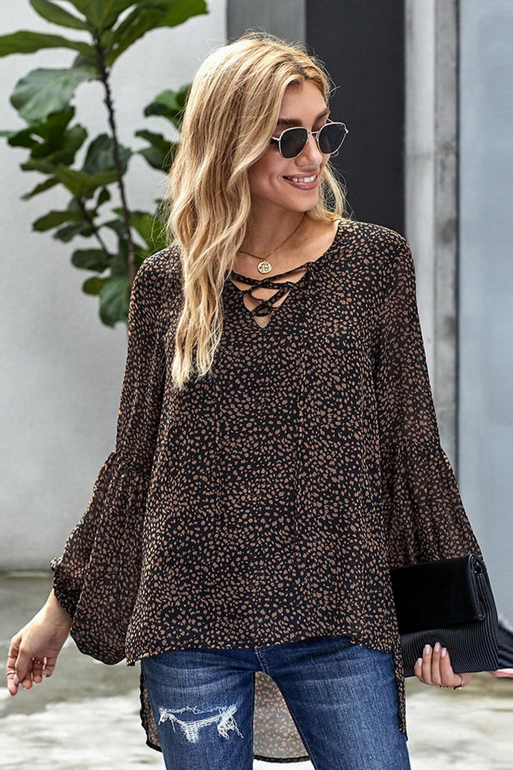 Creamtopmall Lantern Long Sleeve Leopards Chiffon Top