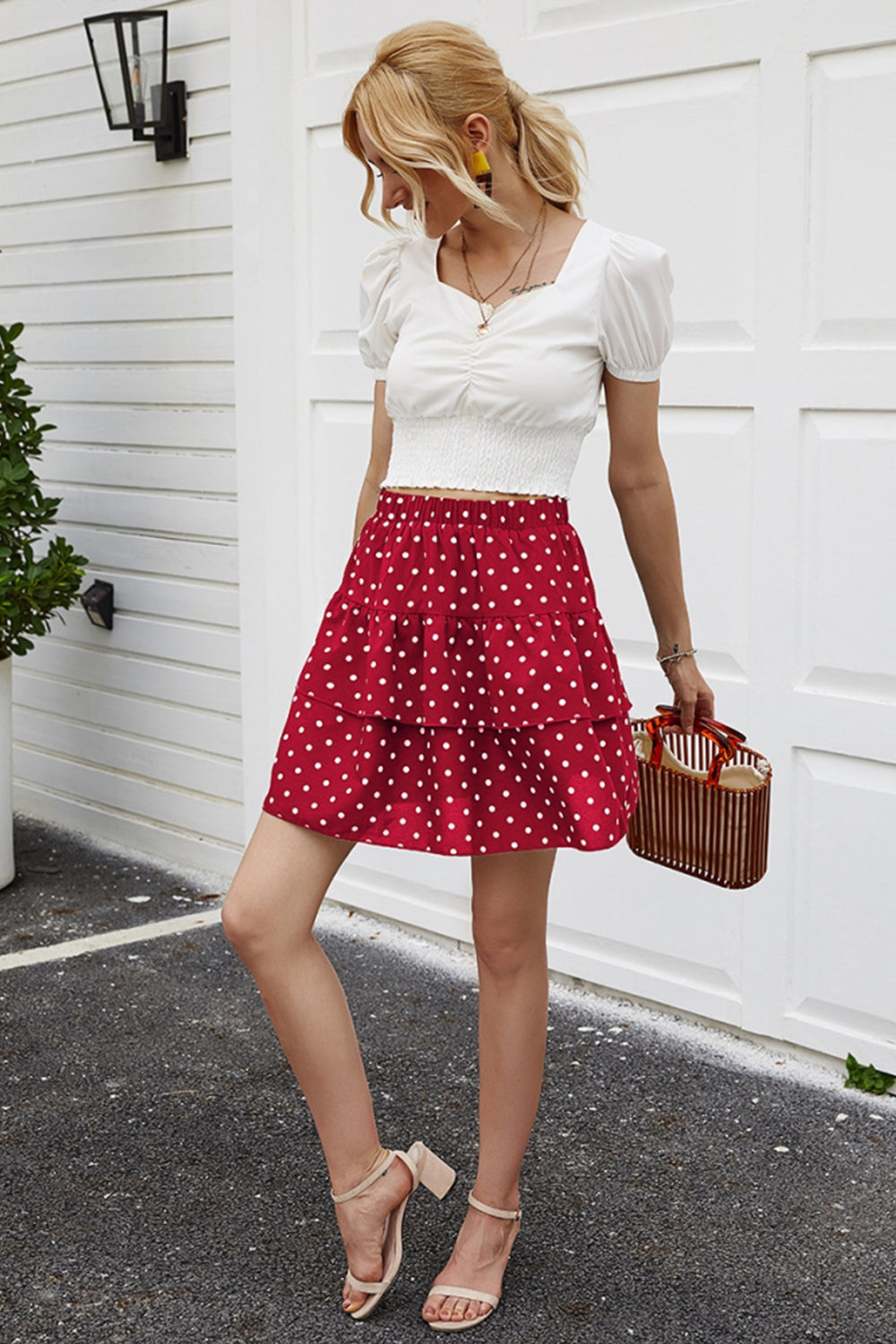 Creamtopmall Polka Dot A-line Ruffle Skirt