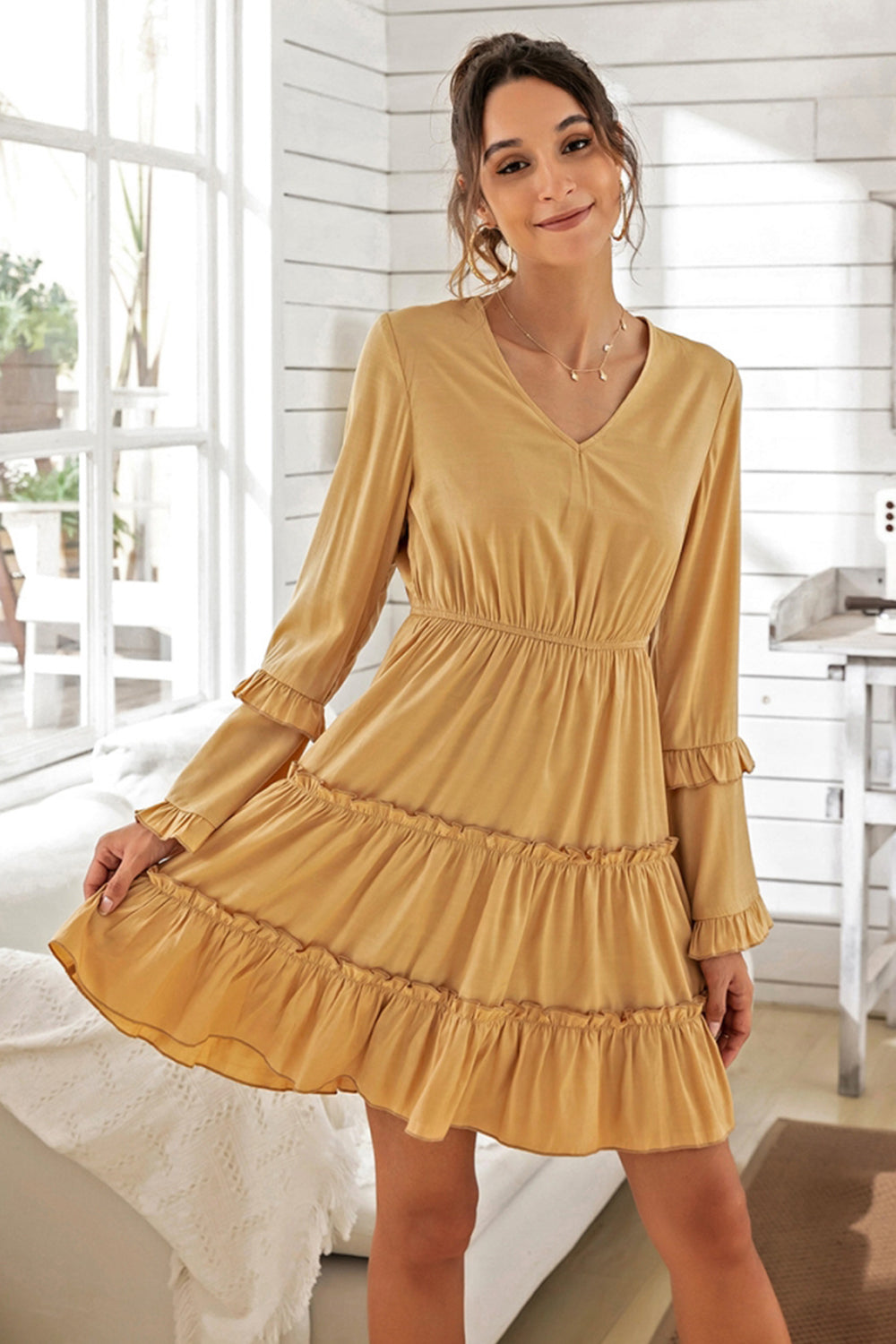 Creamtopmall V-neck Solid Color Slim Dress