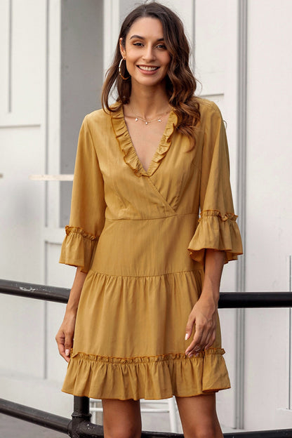 Creamtopmall V-neck Solid Color Large Dress