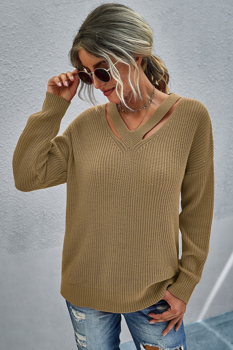 Creamtopmall Solid Color V-neck Long Sleeve Sweater