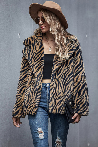 Creamtopmall Tiger Print Lapel Coat