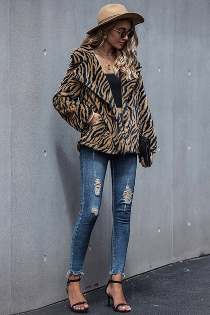 Creamtopmall Tiger Print Lapel Coat