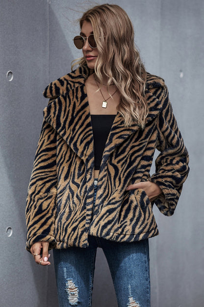 Creamtopmall Tiger Print Lapel Coat