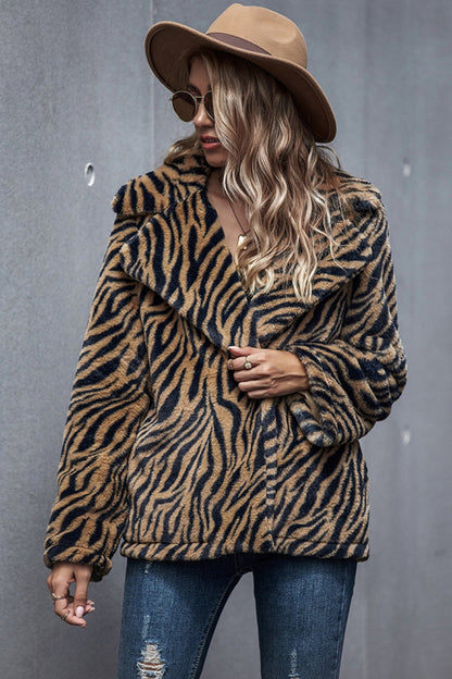 Creamtopmall Tiger Print Lapel Coat