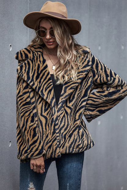 Creamtopmall Tiger Print Lapel Coat